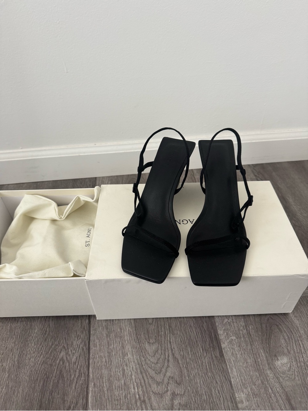 St Agni Strappy Black Square-Toe Slingback Wedge Sandals - Picture 4 of 5